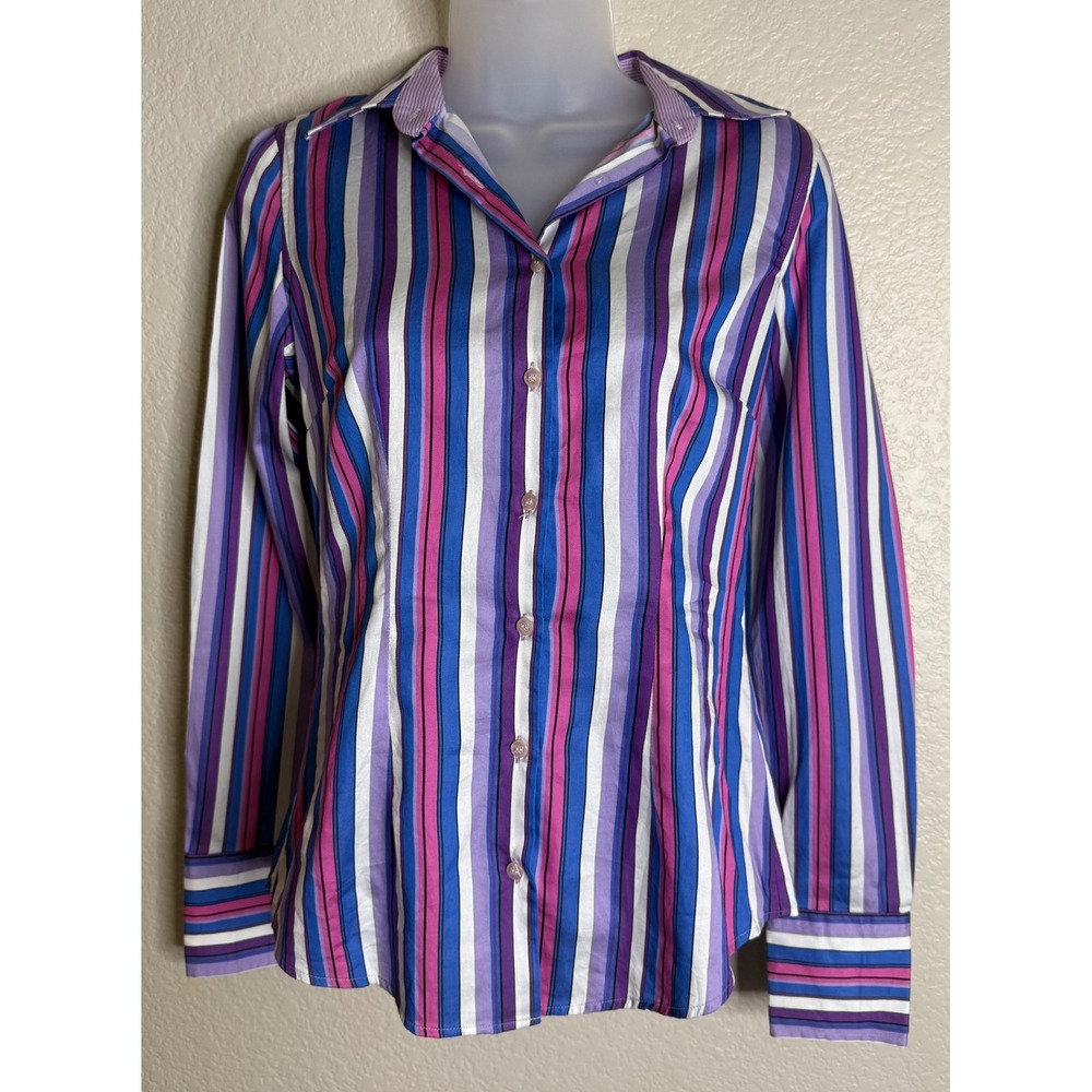 Hawes & Curtis Womens US 4 Button Down Shirt Blue Purple Striped Hipster Blouse‎